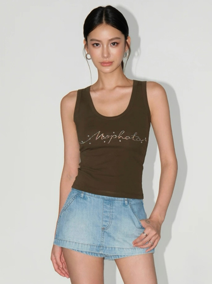 Willy Rhinestones Alphanet Scoop Neck Top