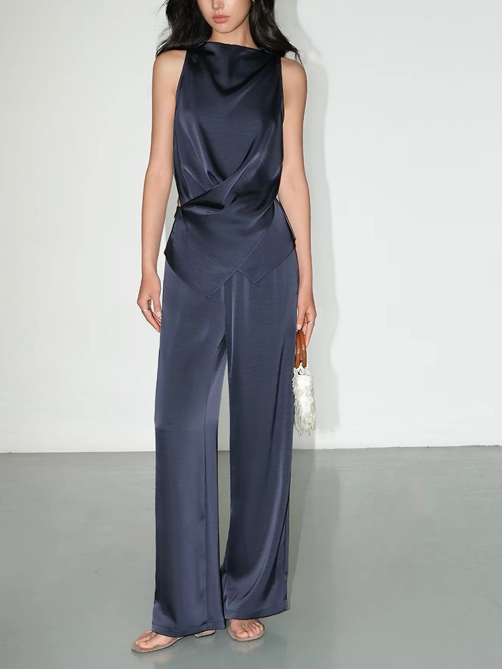 Fluid Satin Drape Neck Tie-Back Blouse & Pants (Sold Seperately)