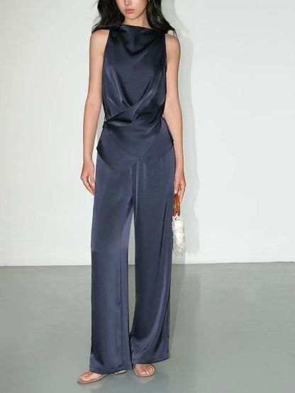 Fluid Satin Drape Neck Tie-Back Blouse & Pants (Sold Seperately)