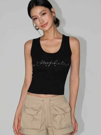 Willy Rhinestones Alphanet Scoop Neck Top