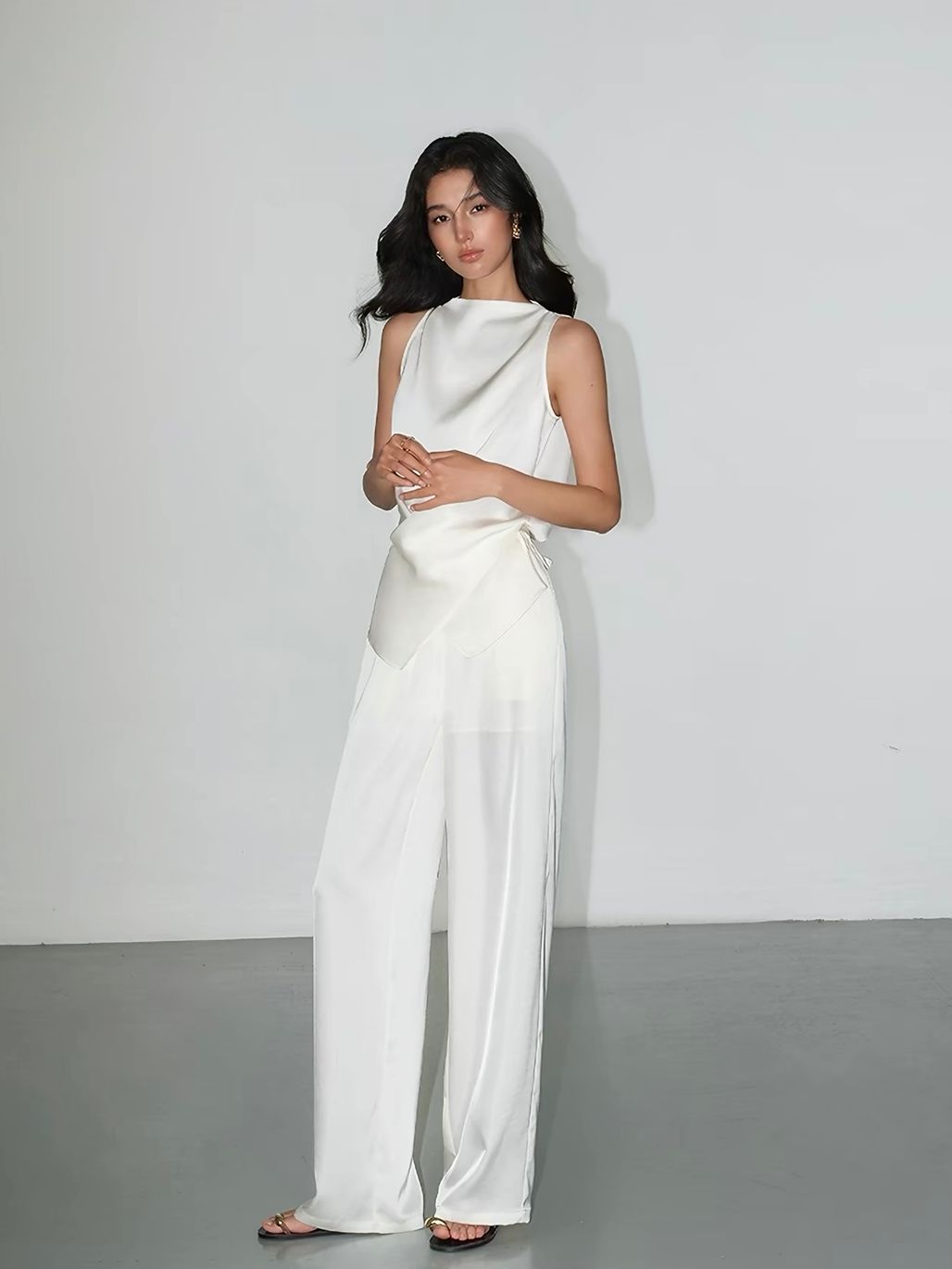 Fluid Satin Drape Neck Tie-Back Blouse & Pants (Sold Seperately)