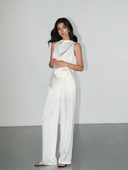 Fluid Satin Drape Neck Tie-Back Blouse & Pants (Sold Seperately)