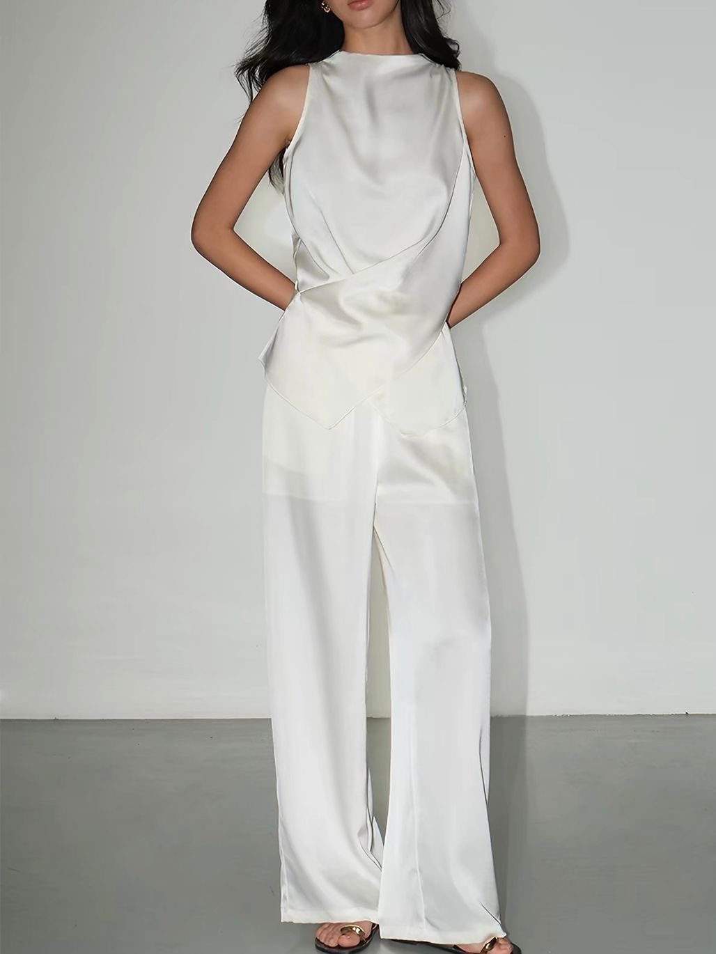 Fluid Satin Drape Neck Tie-Back Blouse & Pants (Sold Seperately)