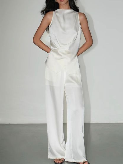 Fluid Satin Drape Neck Tie-Back Blouse & Pants (Sold Seperately)