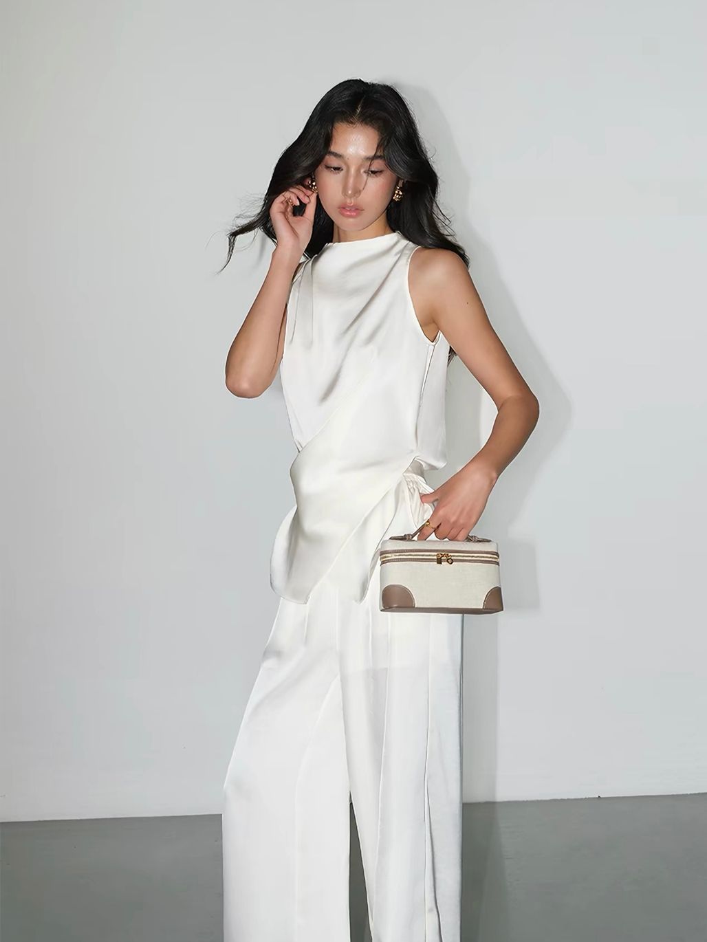 Fluid Satin Drape Neck Tie-Back Blouse & Pants (Sold Seperately)