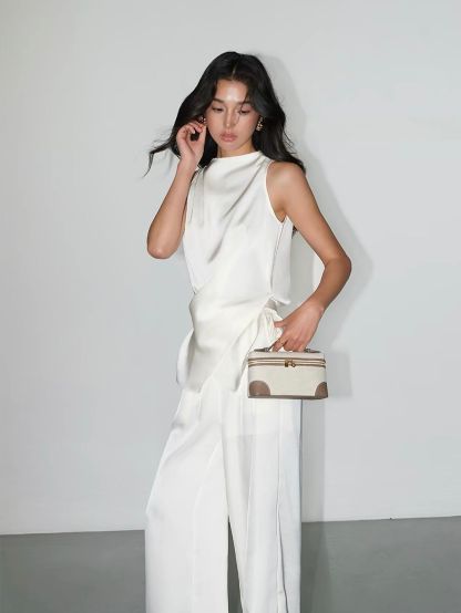 Fluid Satin Drape Neck Tie-Back Blouse & Pants (Sold Seperately)
