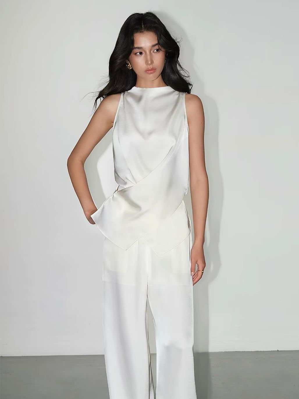 Fluid Satin Drape Neck Tie-Back Blouse & Pants (Sold Seperately)