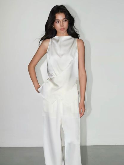 Fluid Satin Drape Neck Tie-Back Blouse & Pants (Sold Seperately)
