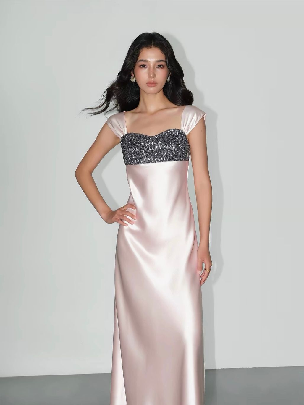 Vivia Sequin-Bust Satin Column Maxi Dress 