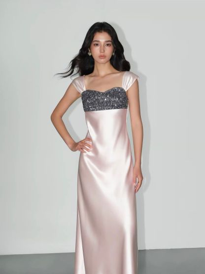 Vivia Sequin-Bust Satin Column Maxi Dress 