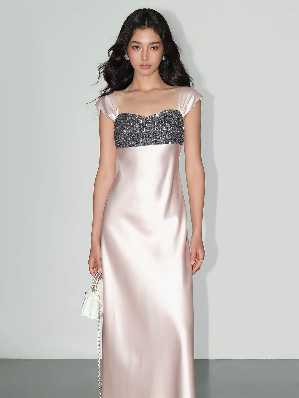 Vivia Sequin-Bust Satin Column Maxi Dress 