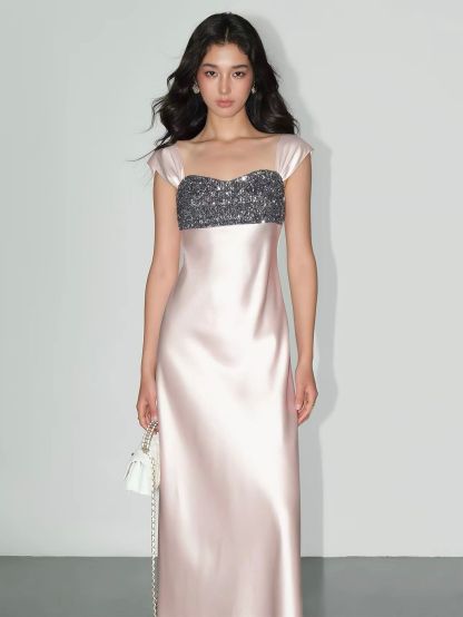 Vivia Sequin-Bust Satin Column Maxi Dress 
