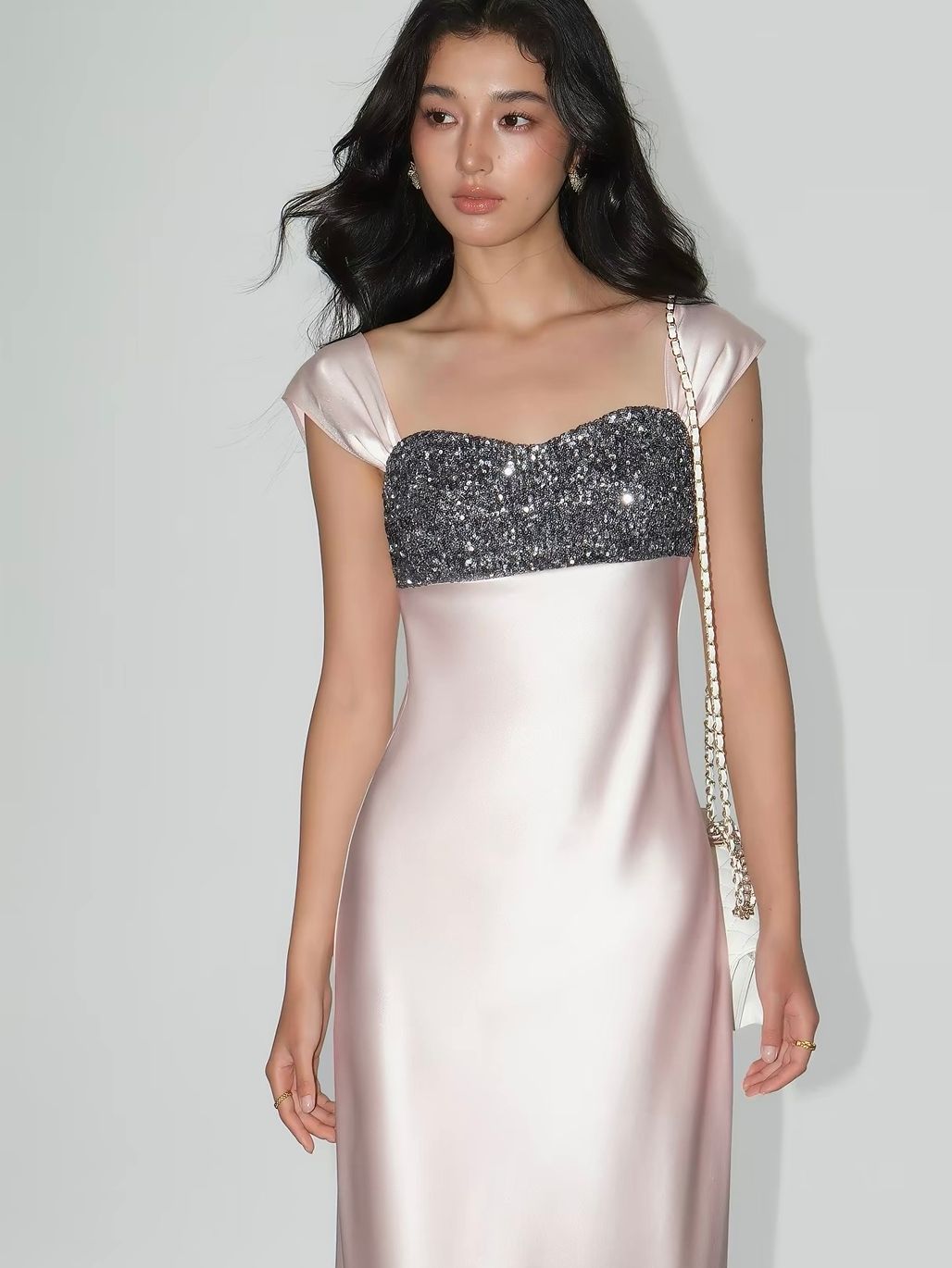 Vivia Sequin-Bust Satin Column Maxi Dress 