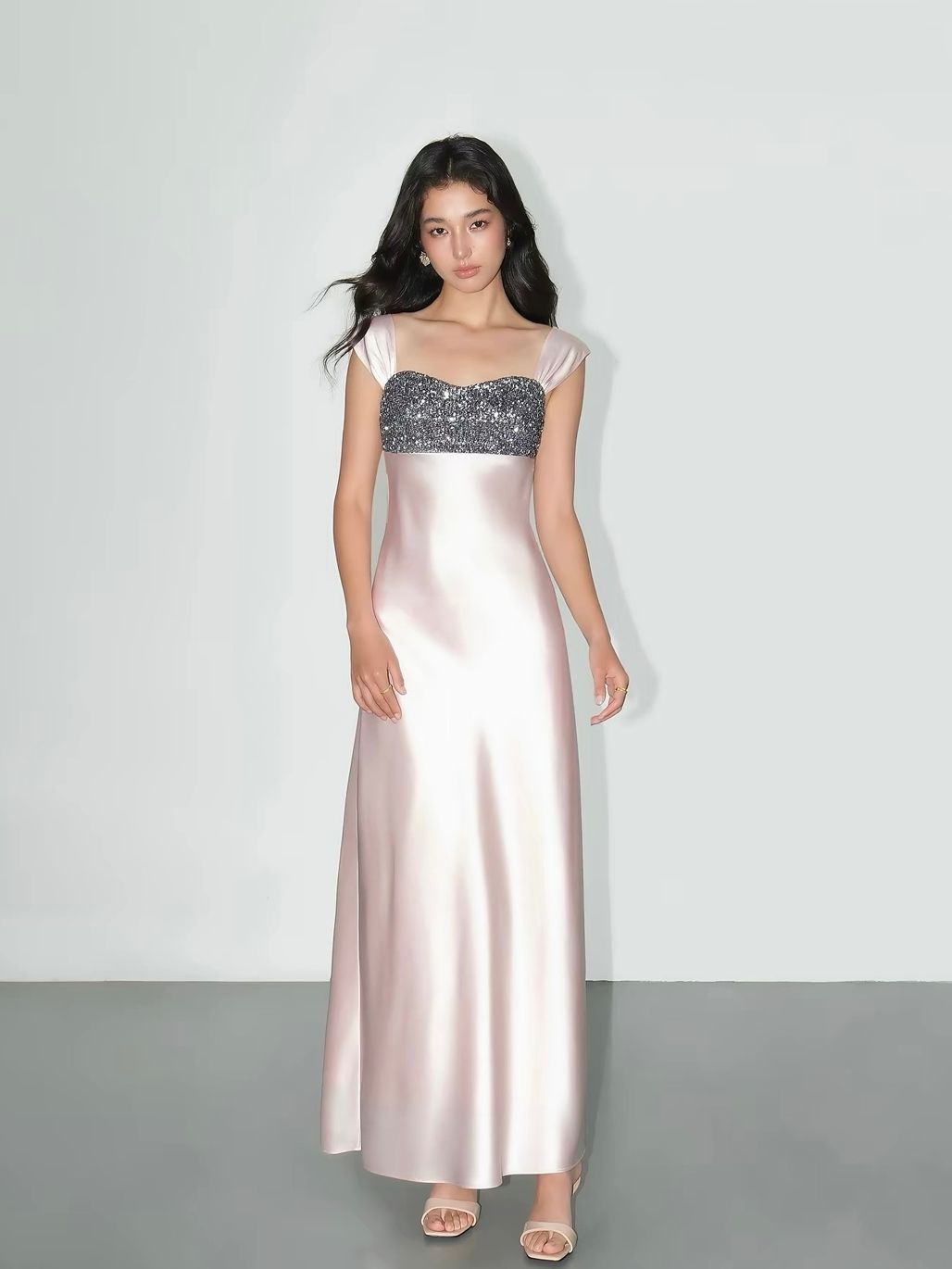 Vivia Sequin-Bust Satin Column Maxi Dress 