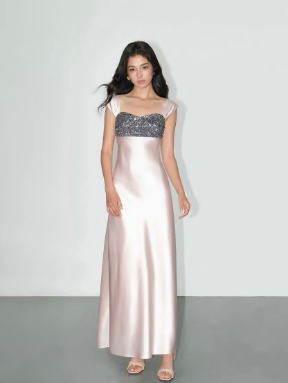 Vivia Sequin-Bust Satin Column Maxi Dress 