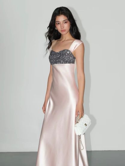 Vivia Sequin-Bust Satin Column Maxi Dress 