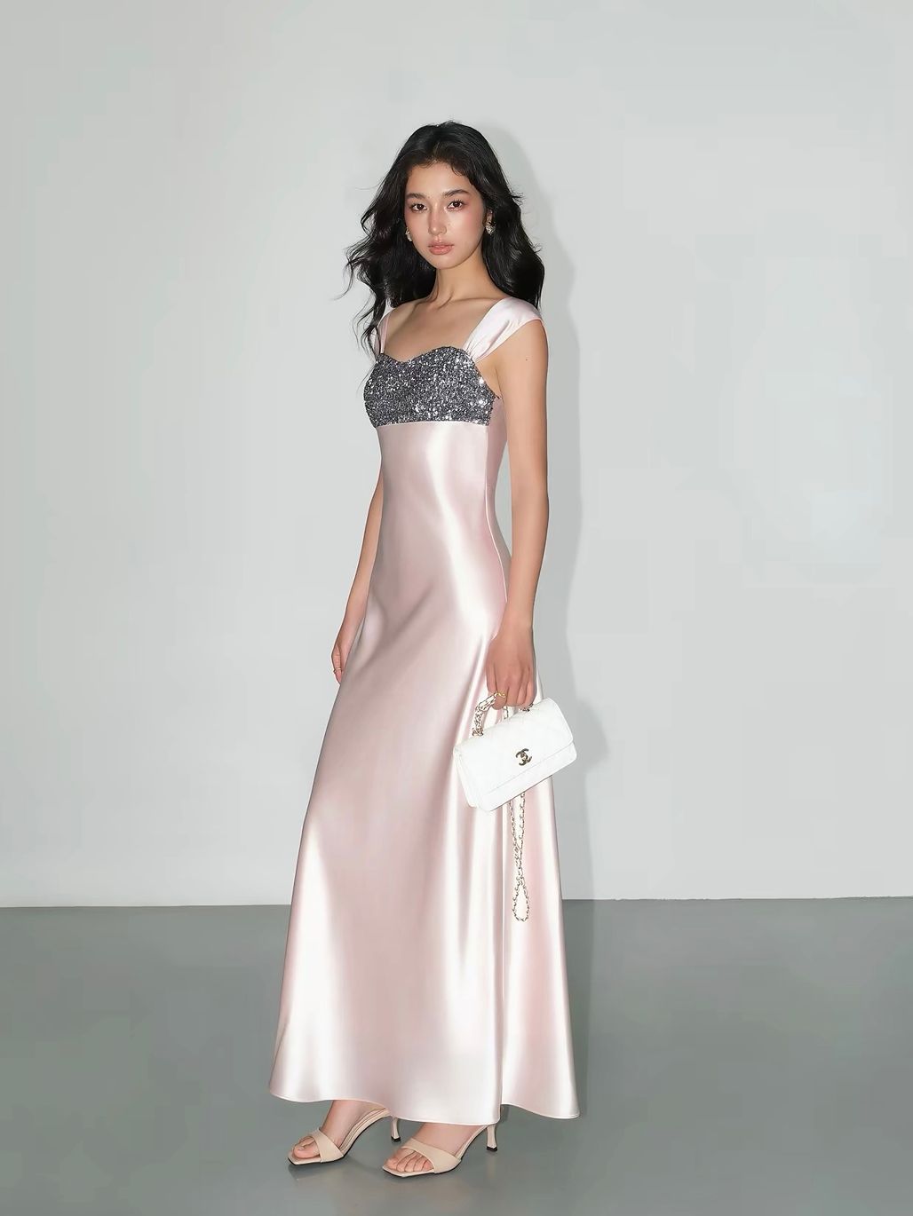 Vivia Sequin-Bust Satin Column Maxi Dress 