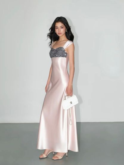 Vivia Sequin-Bust Satin Column Maxi Dress 