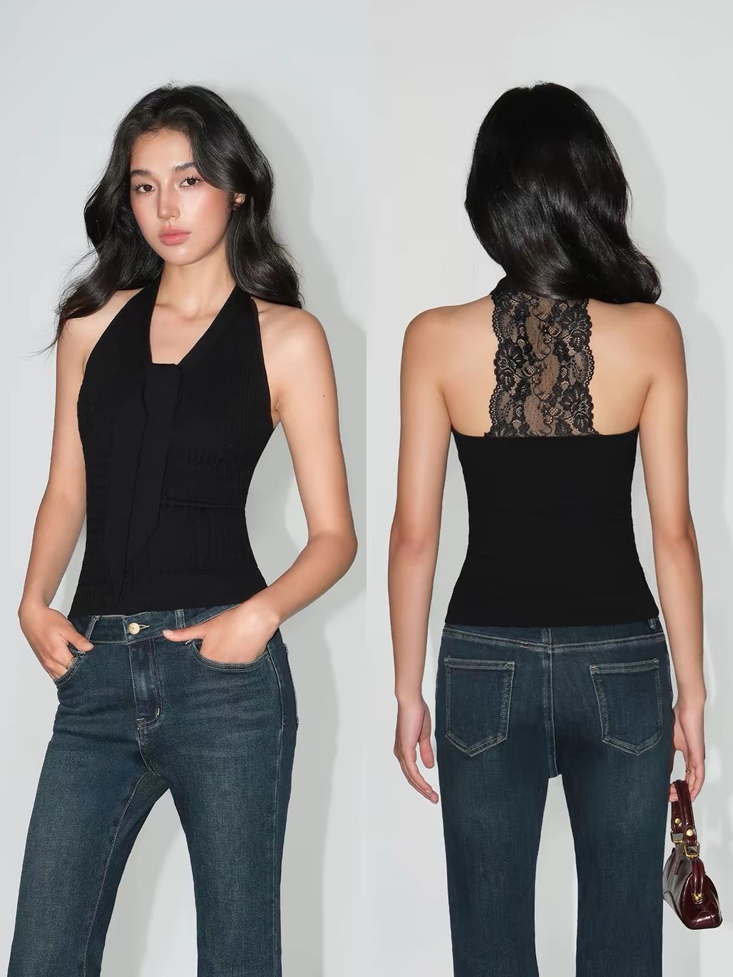 Vache Textured Rib Knit Lace-Back Halter Top