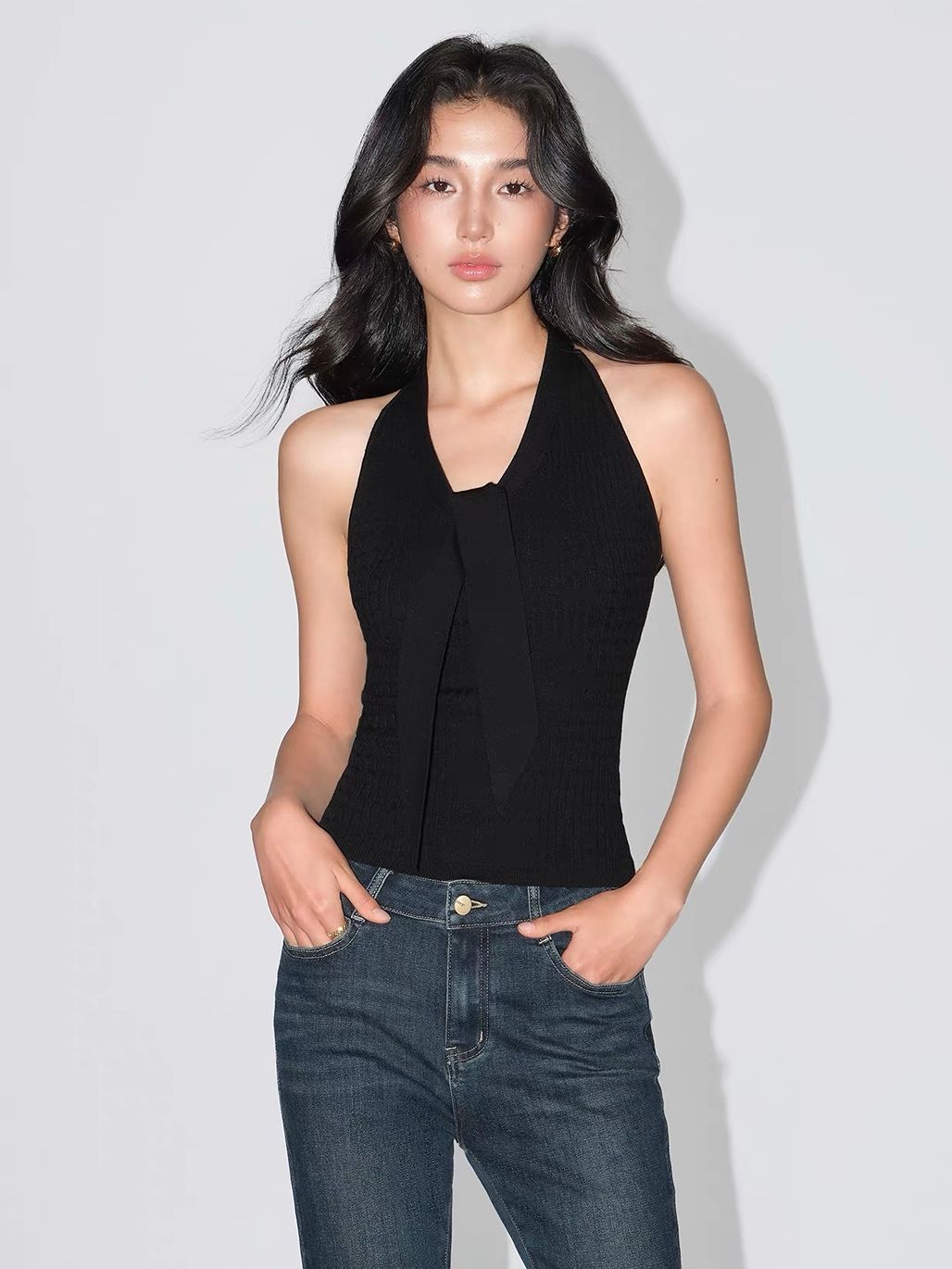 Vache Textured Rib Knit Lace-Back Halter Top