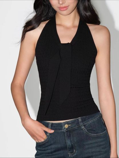 Vache Textured Rib Knit Lace-Back Halter Top
