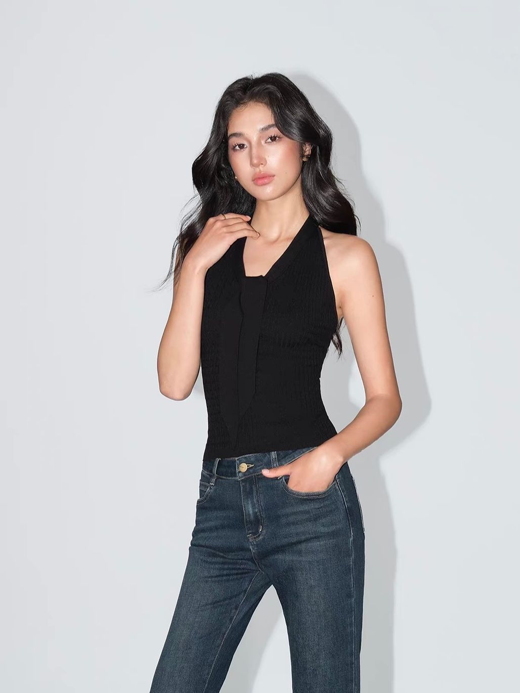 Vache Textured Rib Knit Lace-Back Halter Top