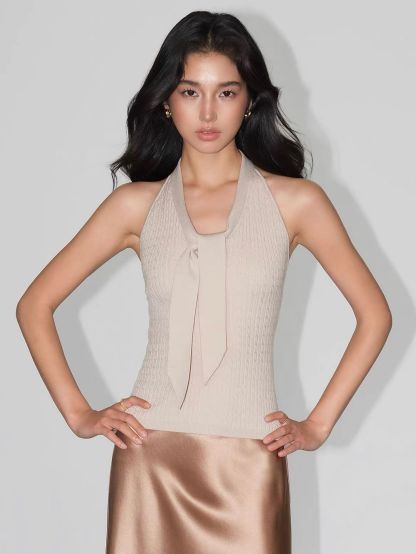 Vache Textured Rib Knit Lace-Back Halter Top
