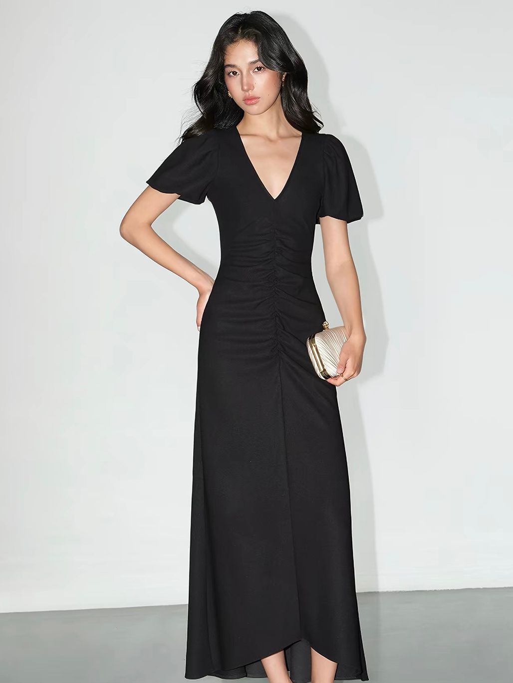 Vaiana V-Neck Ruched-Front Maxi Dress