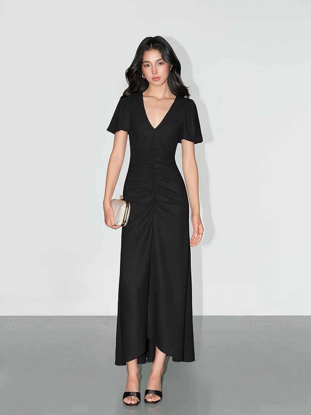 Vaiana V-Neck Ruched-Front Maxi Dress