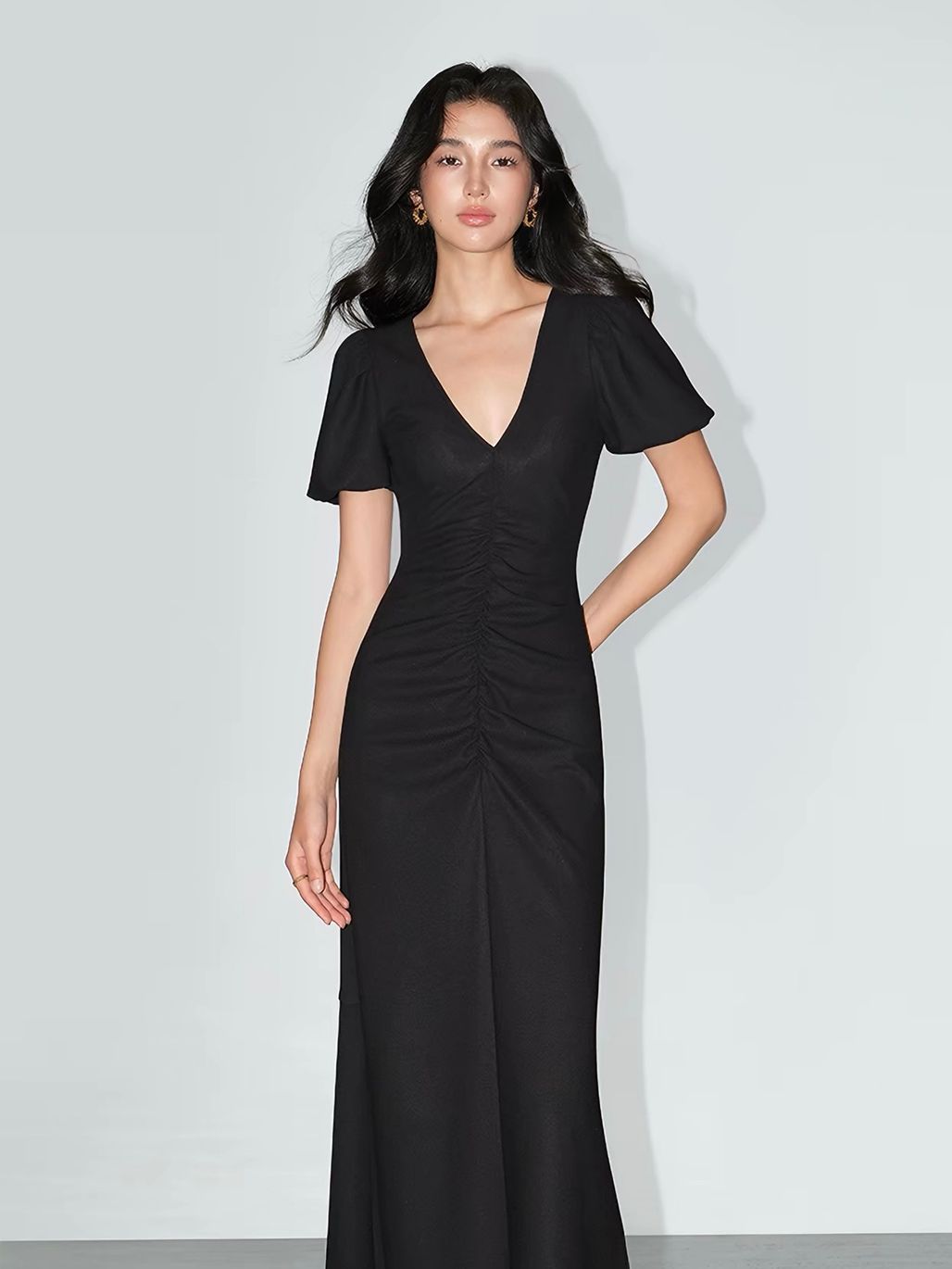 Vaiana V-Neck Ruched-Front Maxi Dress