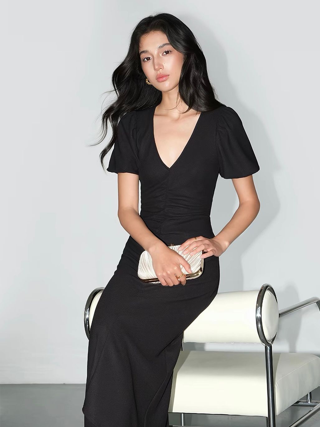 Vaiana V-Neck Ruched-Front Maxi Dress