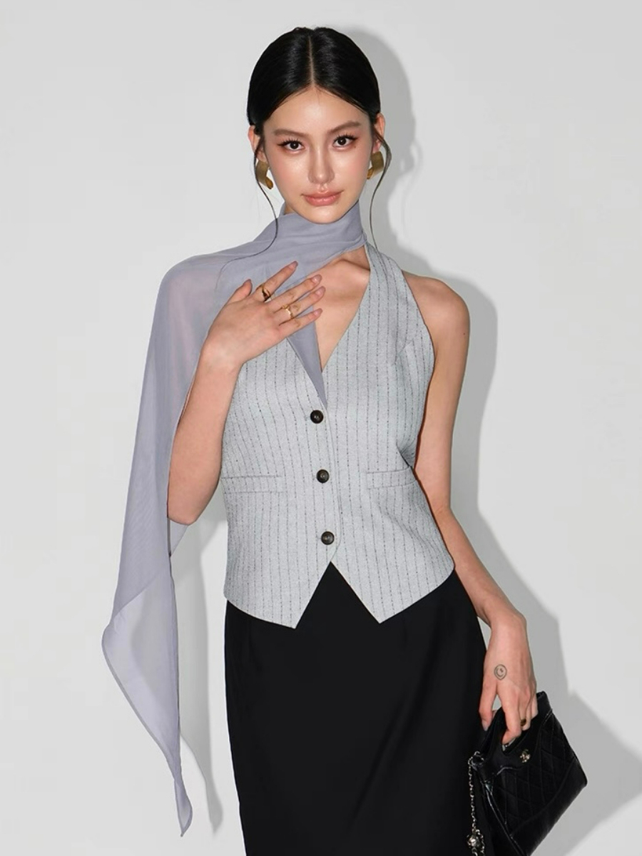 Wylda Pinstripe Halter Waistcoat with Scarf