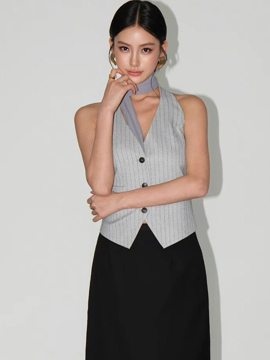Wylda Pinstripe Halter Waistcoat with Scarf