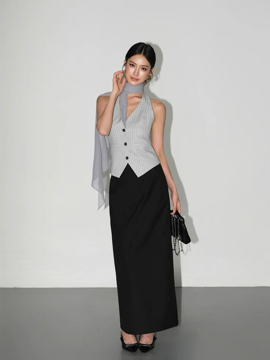 Wylda Pinstripe Halter Waistcoat with Scarf