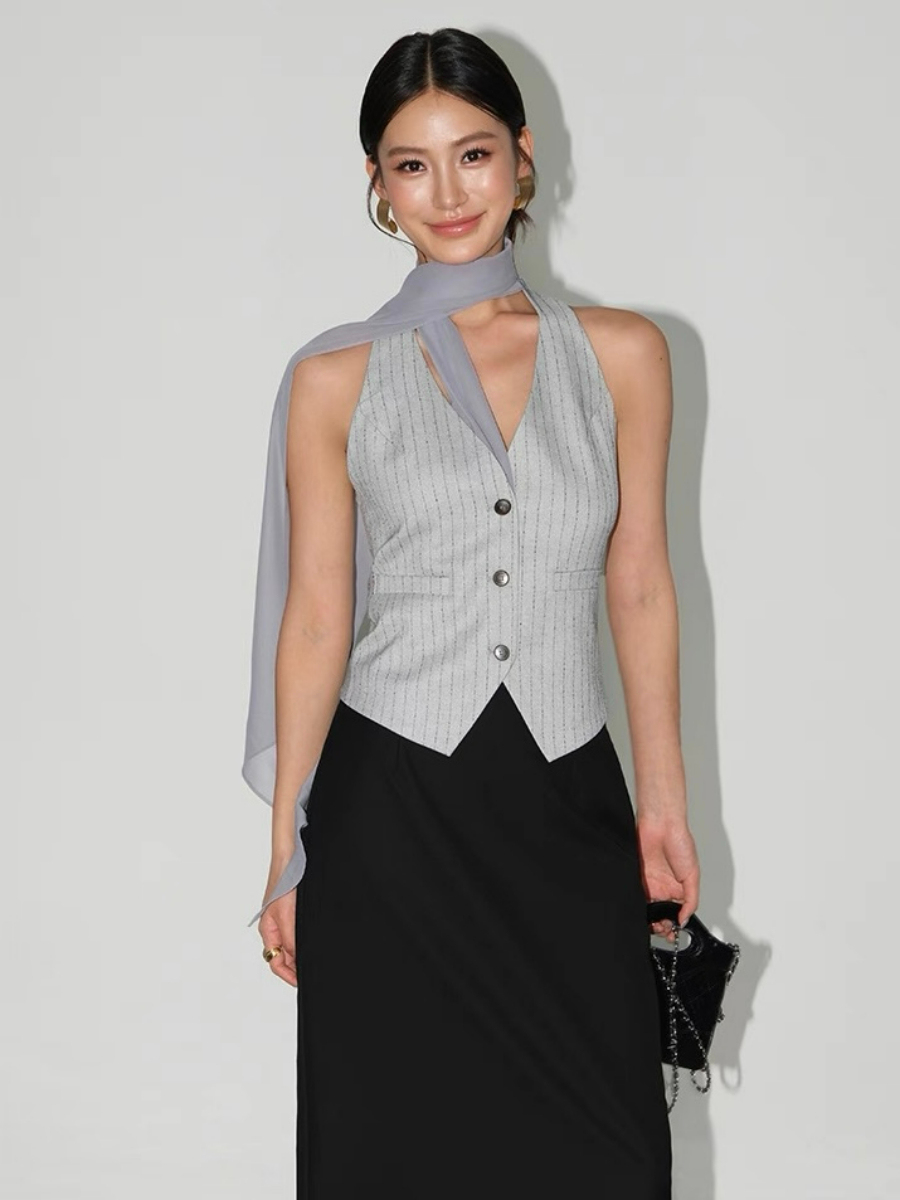 Wylda Pinstripe Halter Waistcoat with Scarf
