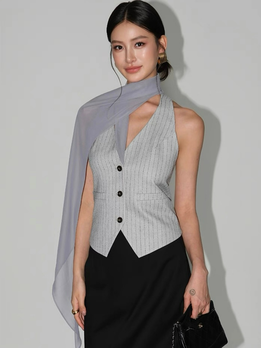 Wylda Pinstripe Halter Waistcoat with Scarf