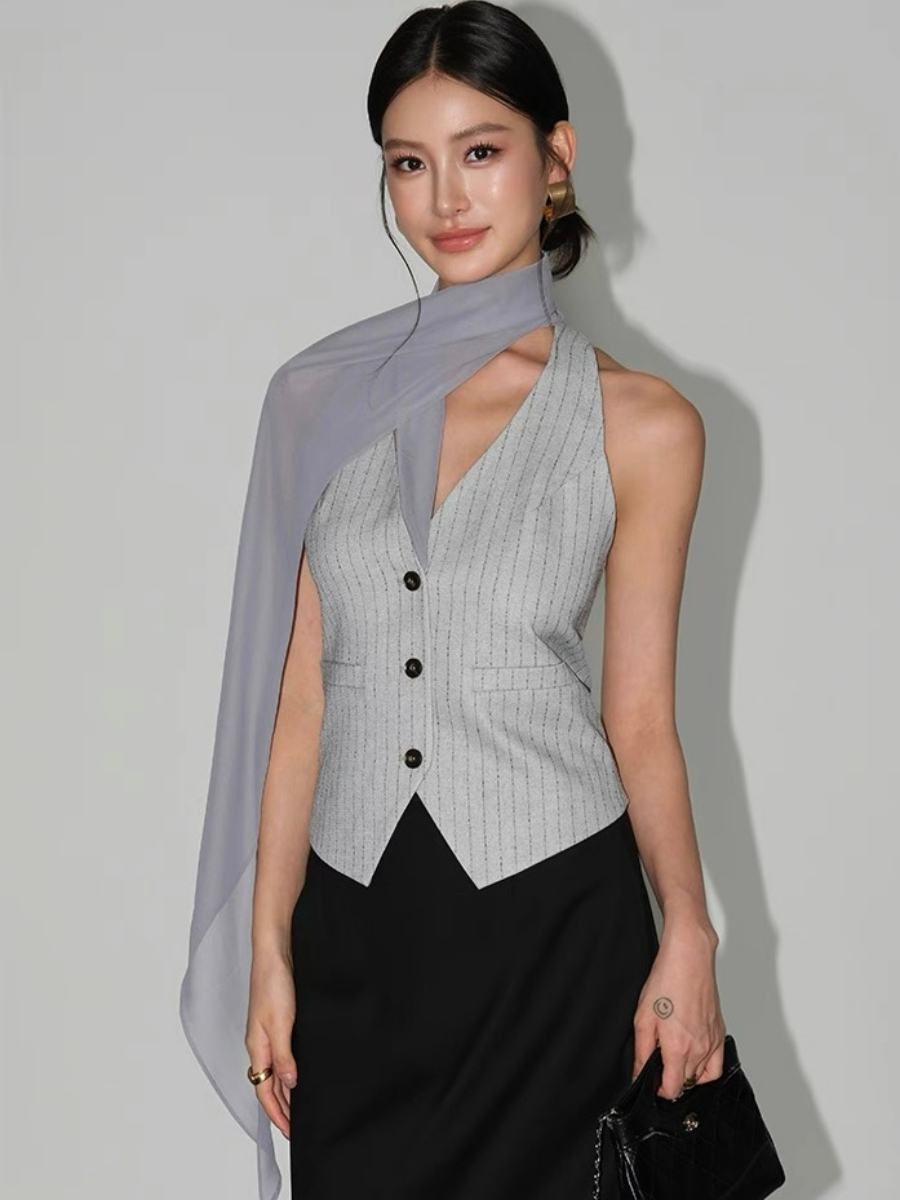 Wylda Pinstripe Halter Waistcoat with Scarf