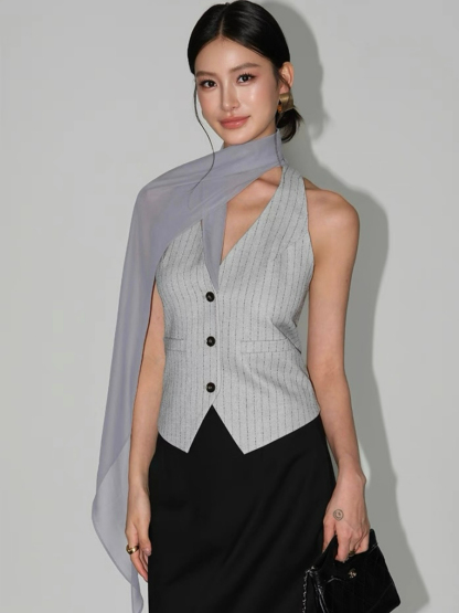 Wylda Pinstripe Halter Waistcoat with Scarf