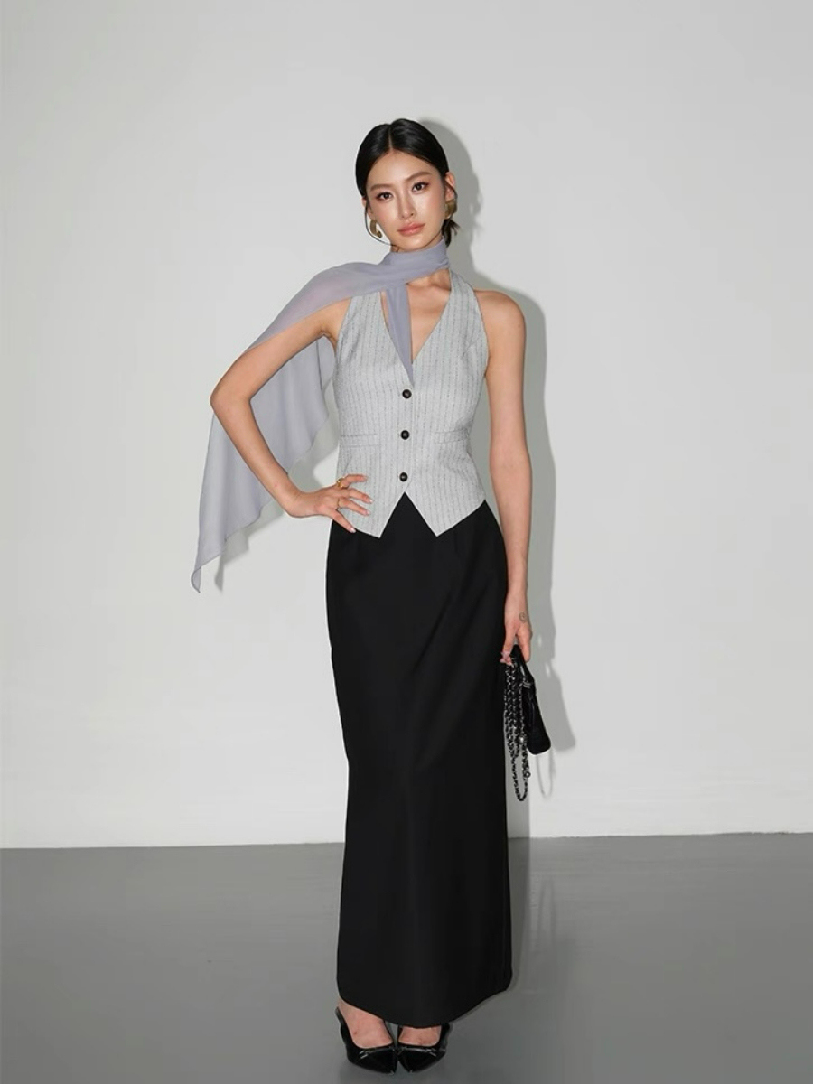Wylda Pinstripe Halter Waistcoat with Scarf