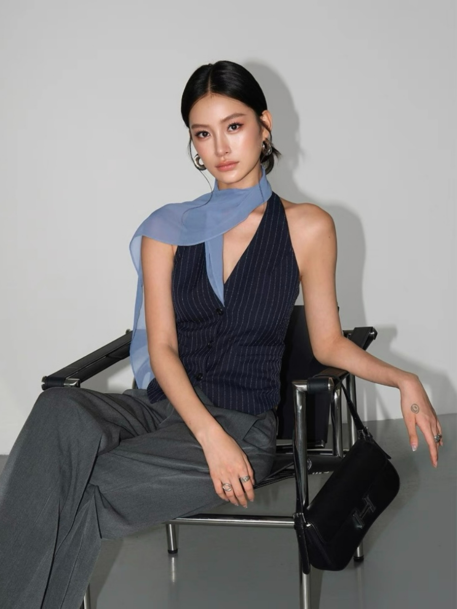 Wylda Pinstripe Halter Waistcoat with Scarf