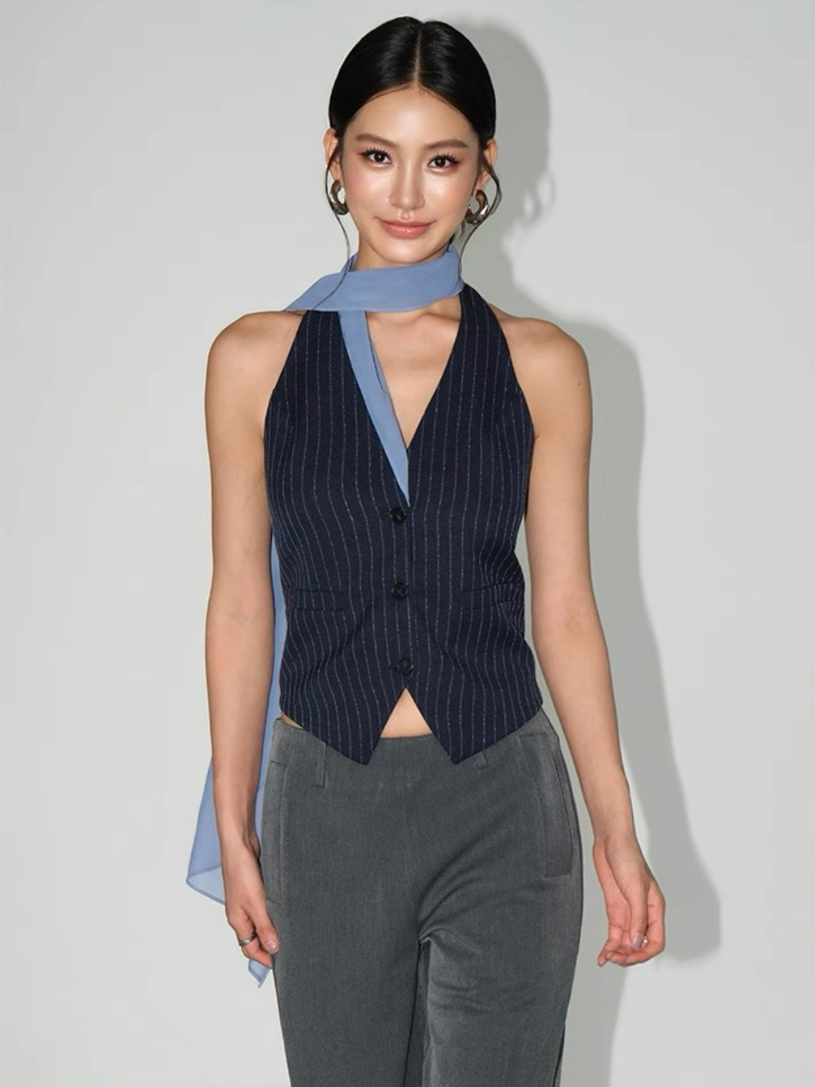 Wylda Pinstripe Halter Waistcoat with Scarf