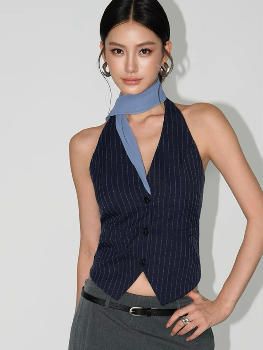 Wylda Pinstripe Halter Waistcoat with Scarf