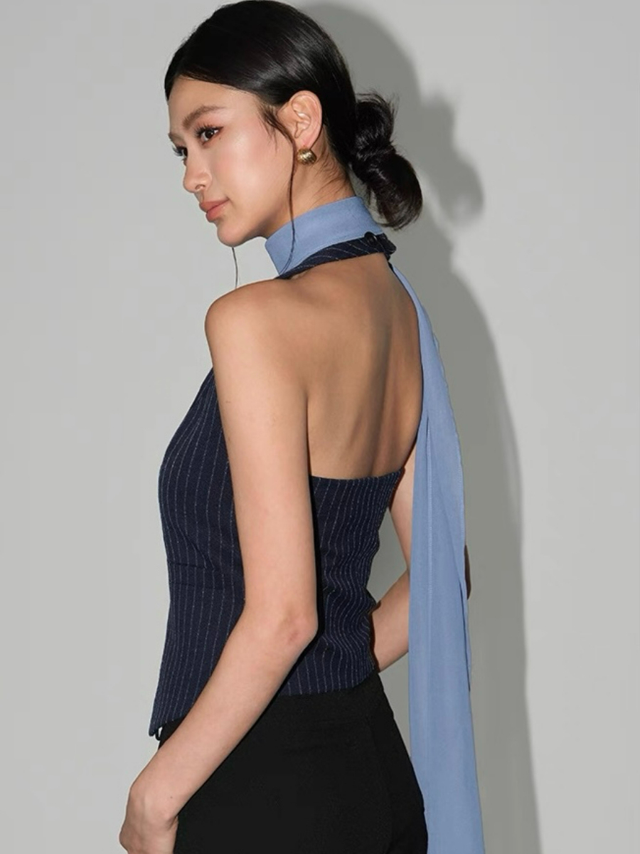 Wylda Pinstripe Halter Waistcoat with Scarf