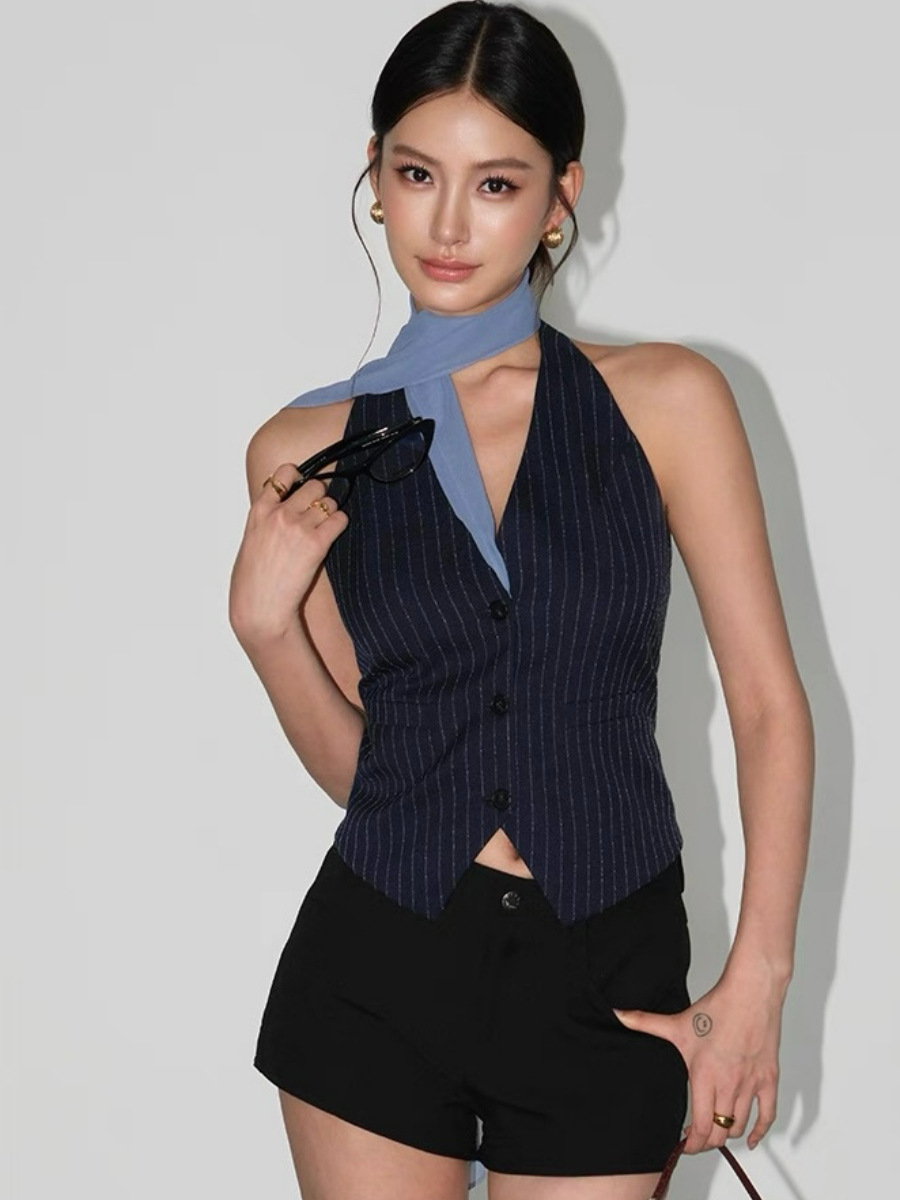 Wylda Pinstripe Halter Waistcoat with Scarf