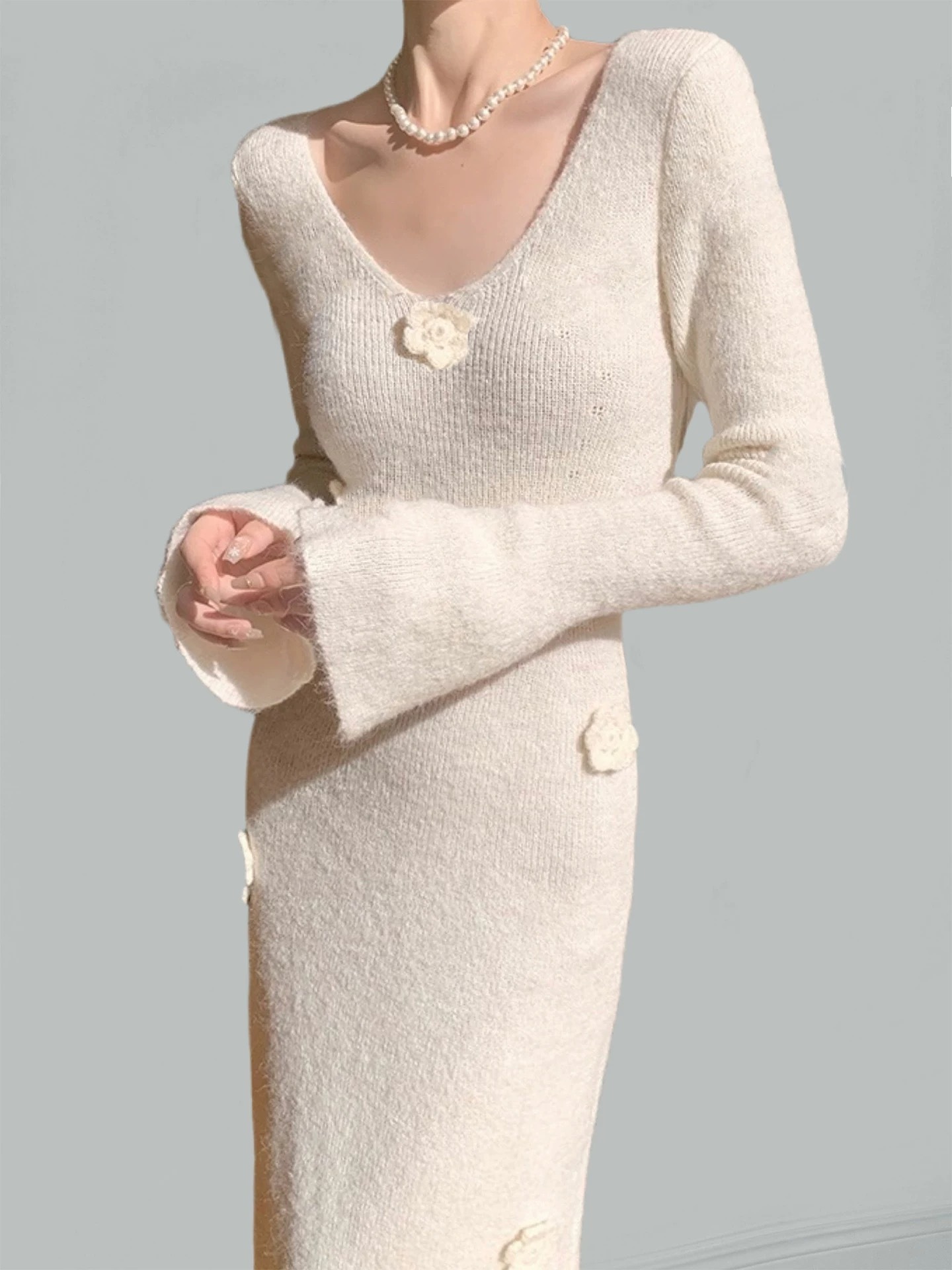 Yancy 3D Floral Trumpet Sleeve Knit Dress