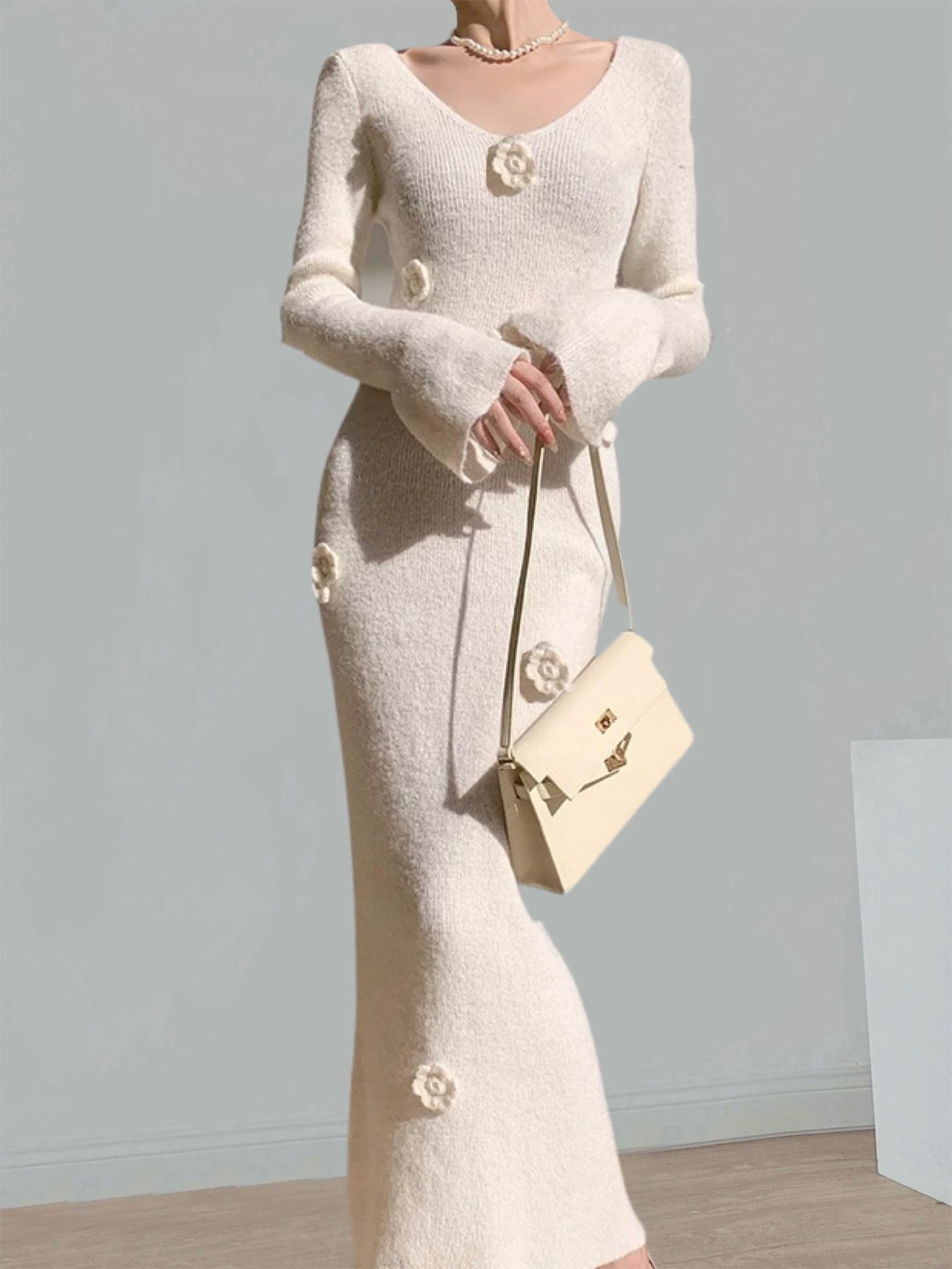 Yancy 3D Floral Trumpet Sleeve Knit Dress