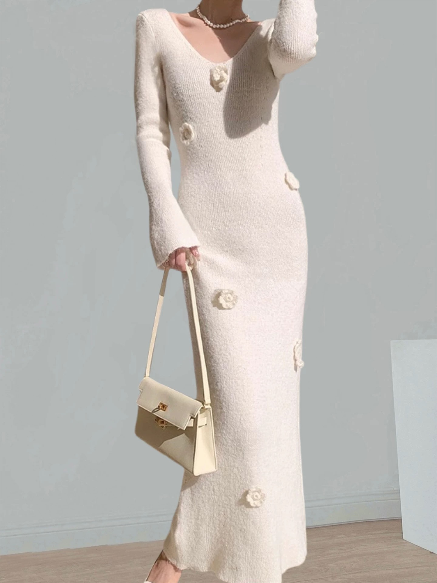 Yancy 3D Floral Trumpet Sleeve Knit Dress