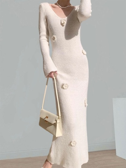 Yancy 3D Floral Trumpet Sleeve Knit Dress