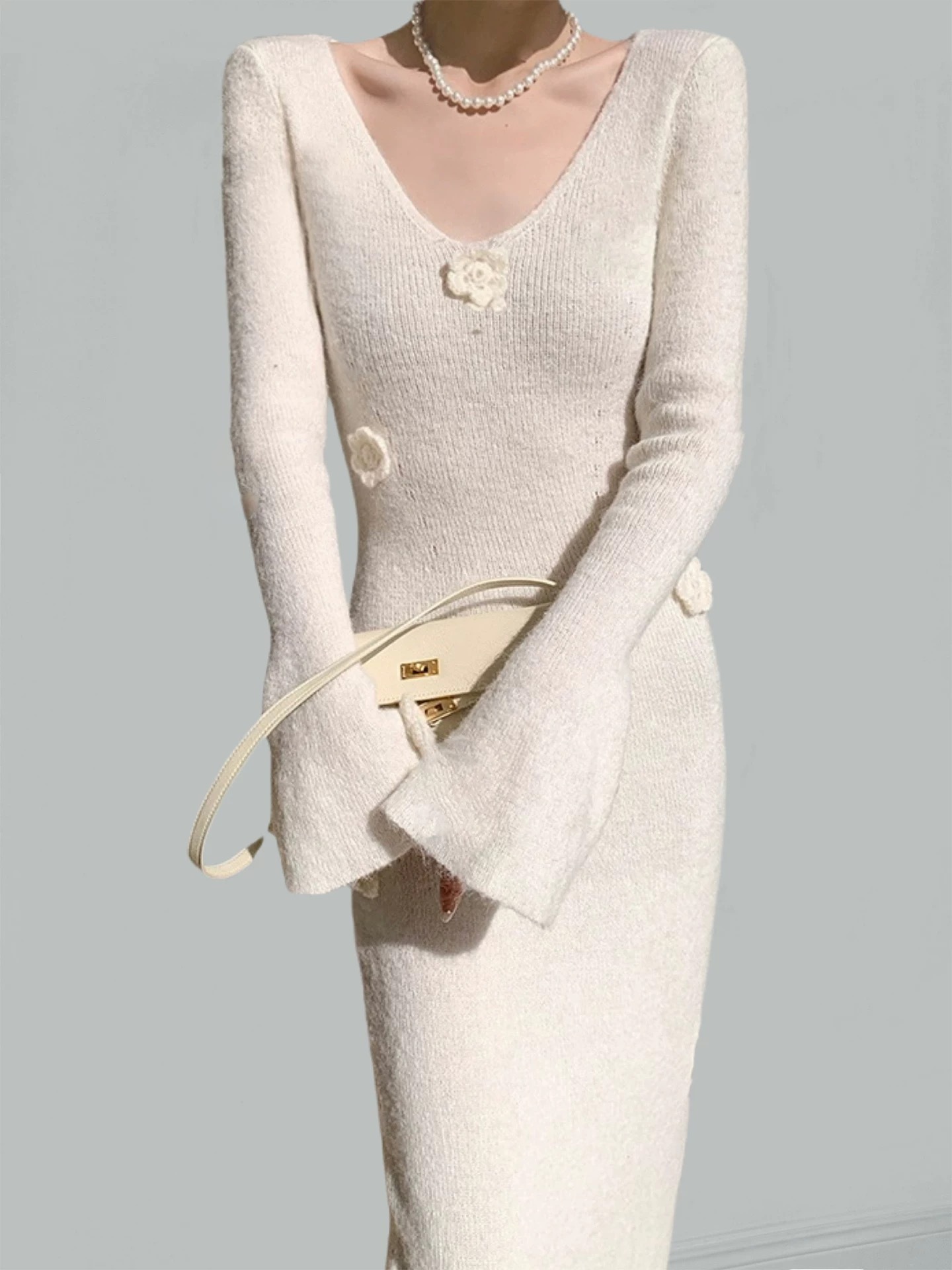 Yancy 3D Floral Trumpet Sleeve Knit Dress