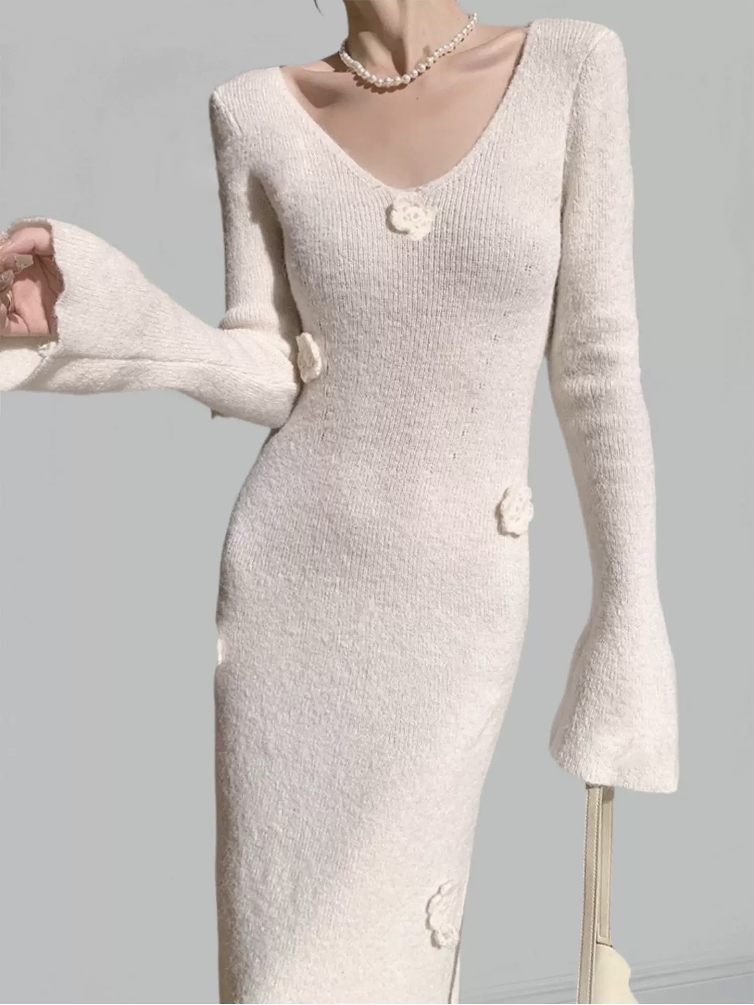 Yancy 3D Floral Trumpet Sleeve Knit Dress